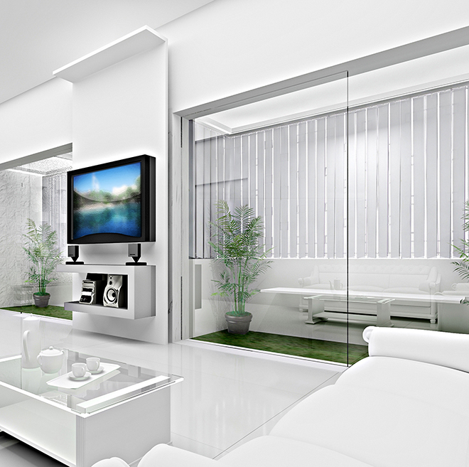 Wohnzimmer in weiß, mit Vertikaljalousie