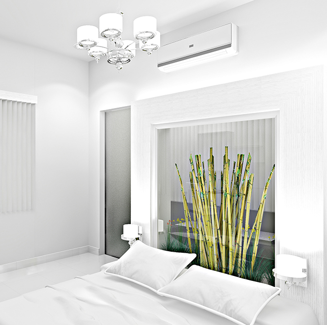 Schlafzimmer weiß mit Bambus und Vertikalanlage am Fenster